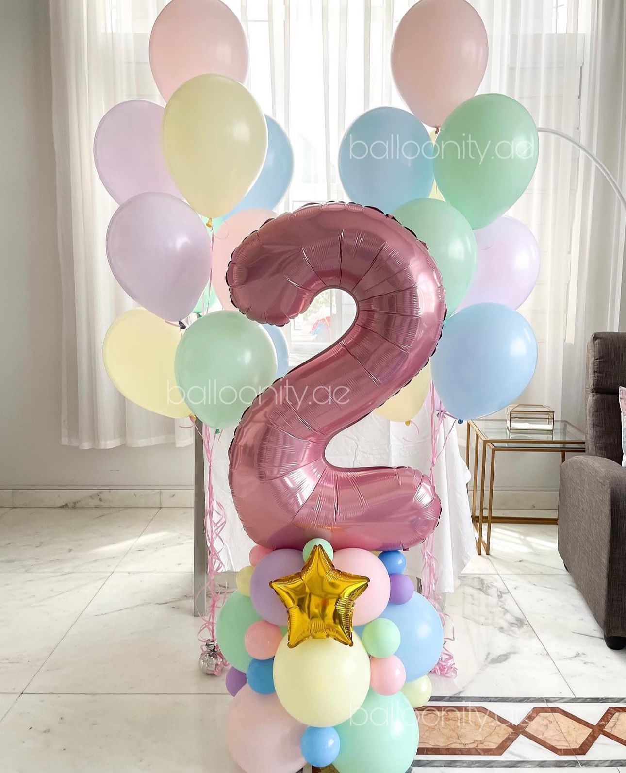 Rose Gold Number Stand with 2 Balloon Bunches
