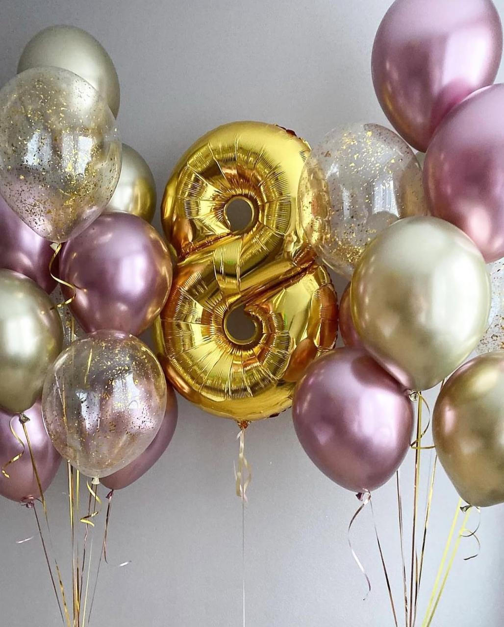 Number Balloon with 2 Bunches: Rose and Gold Chrome Set